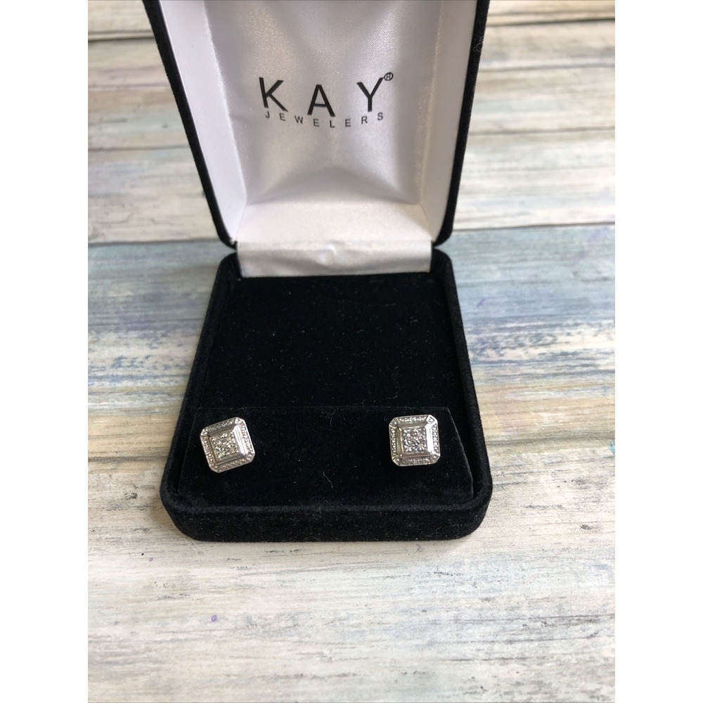 Sterling Silver 925 Kayβ Jewelers Earrings Square Halo With Diamond Chips NWOT